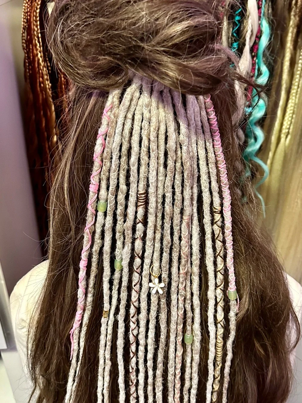 Boho Gray & Pink Synthetic Dreadlock Hair Wraps with Bead Accents